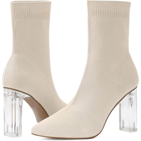 Women's Beige Knit Sock Pointed Toe Clear Mid Heel Slip-on Stretch Booties - Picture 1 of 7